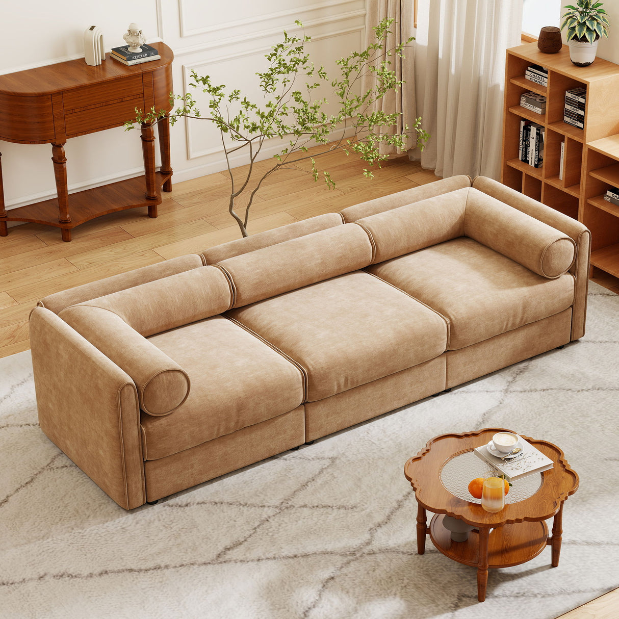 Stylish Chenille Sofa With Storage Seat And Cylindrical Backrest