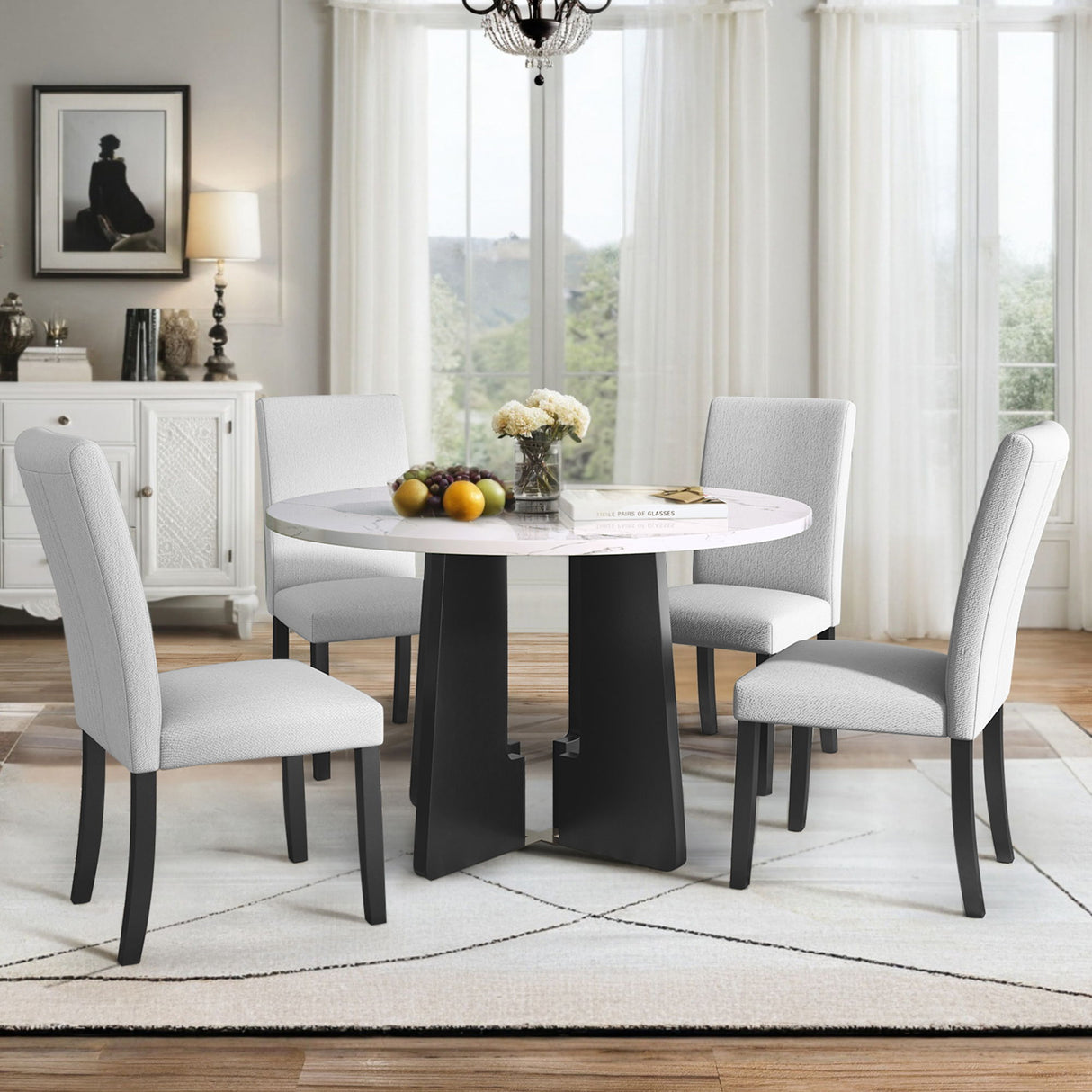 5 Piece Round Dining Table Set, Modern Dining Table And 4 Upholstered Chairs For Dining Room