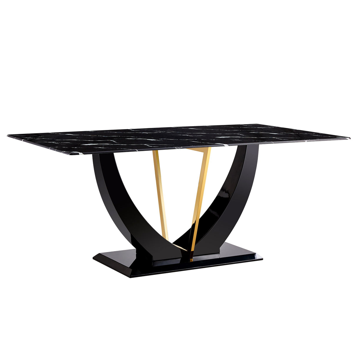 Modern Minimalist Luxurious Imitation Marble Dining Table Rectangular Office Desk With Tempered Glass - Black
