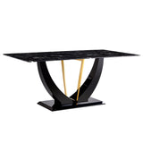 Modern Minimalist Luxurious Imitation Marble Dining Table Rectangular Office Desk With Tempered Glass - Black