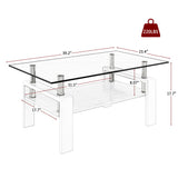 Modern Rectangular Coffee Table With Tempered Transparent Glass Top And Storage Shelf