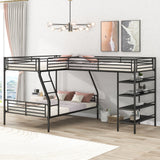 L-Shaped Twin Over Full Bunk Bed And Twin Loft Bed With 4 Built In Shelves - Black