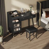 Modern Makeup Vanity Desk With Drawers Cabinet & Charging Port Engineered Wood Space Saving Design For Small Places - Black